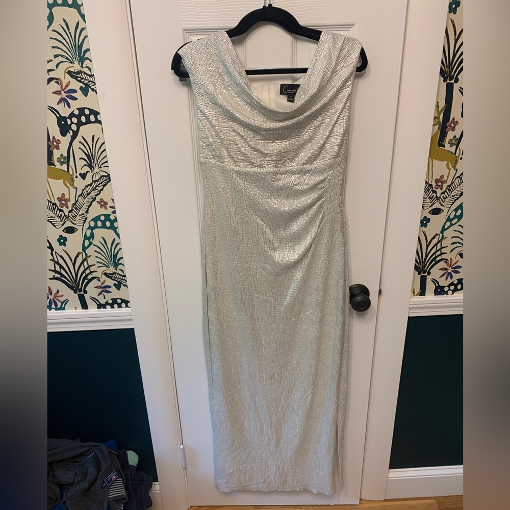 Silver Long Dress with slit detail, Size 8
